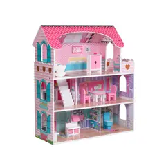 SPACEZAT - Casa de Muñecas Clásica de Madera Rosada con Accesorios