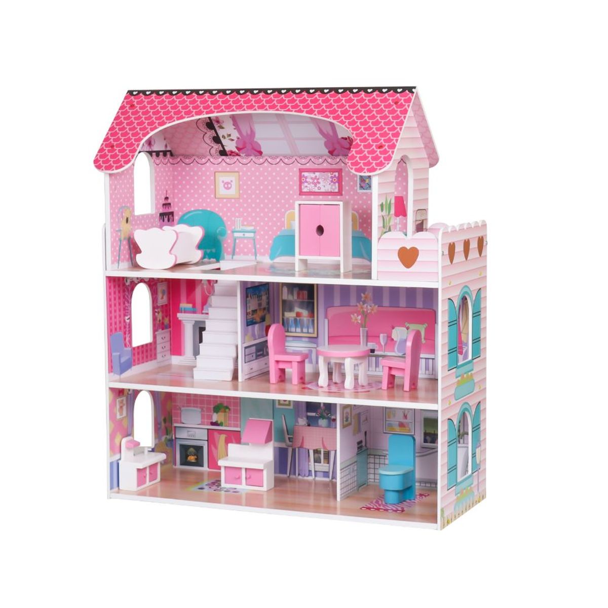 SPACEZAT - Casa de Muñecas Clásica de Madera Rosada con Accesorios