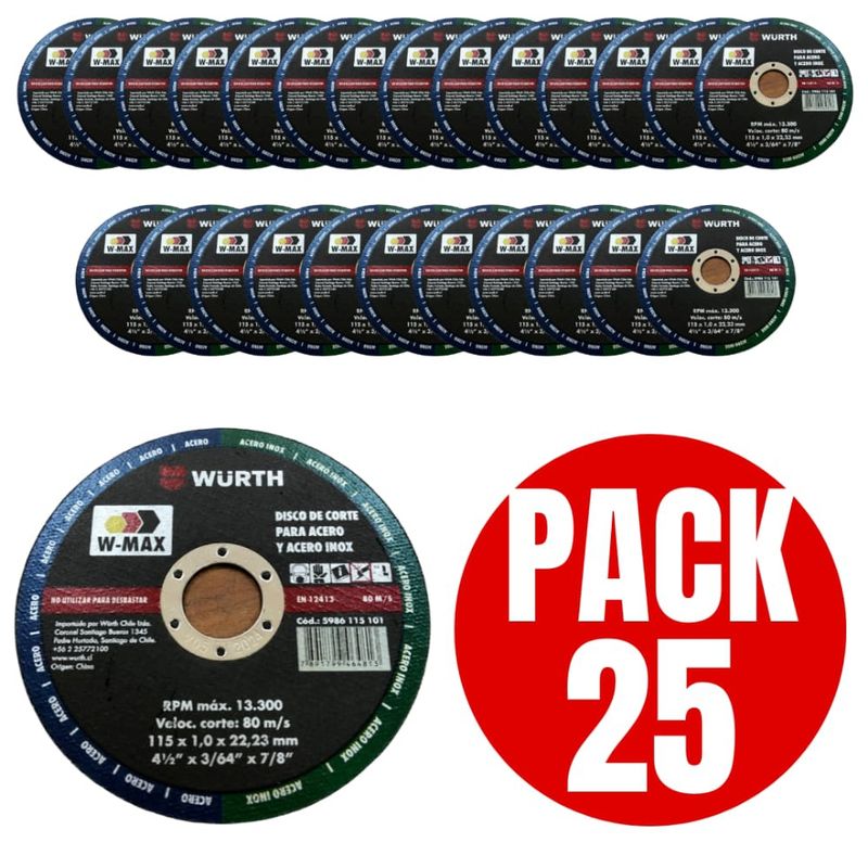 WURTH - Disco W-max Acero Inoxidable 115mm Pack 25 Unidades