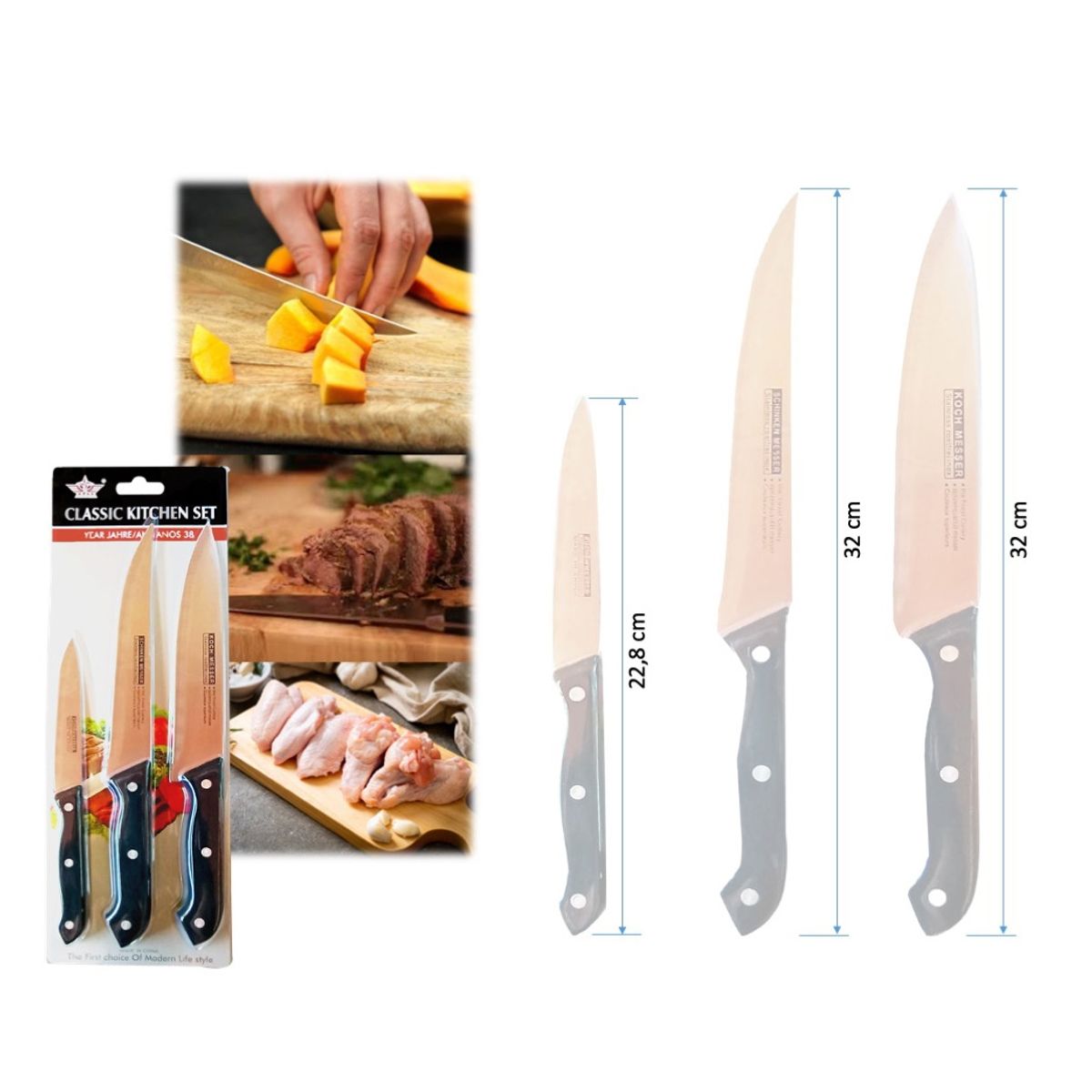 GENERICO - Pack 3 Cuchillos De Cocina Cocinero Acero Inoxidable