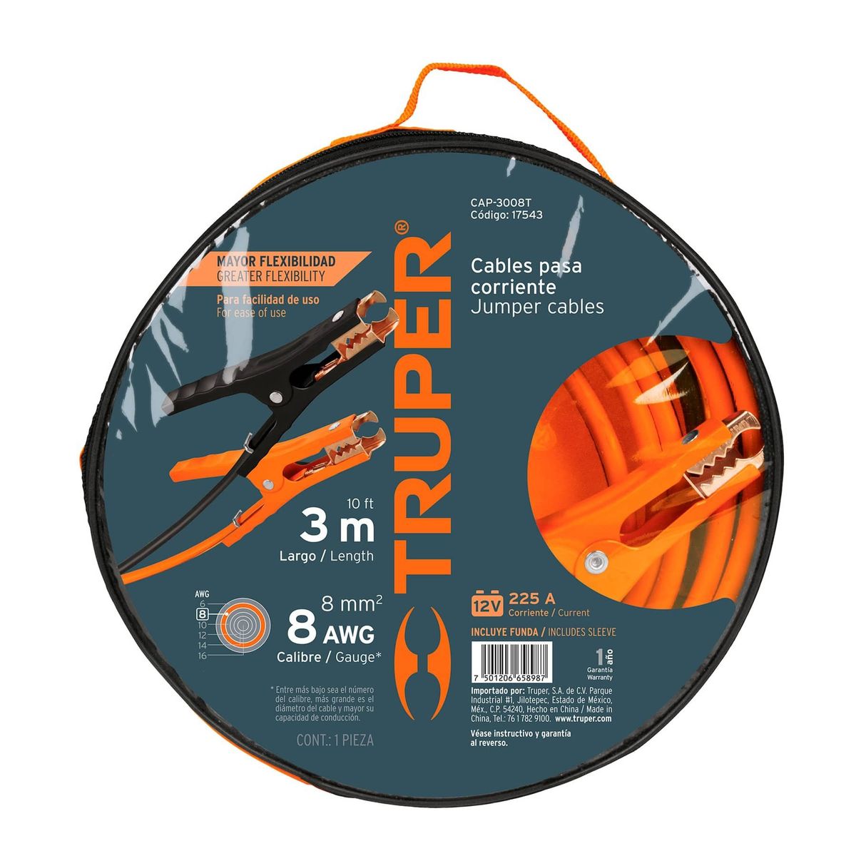 TRUPER - Cable Puente Bateria Truper 225a - Cable 3 Mts Calibre 8 Awg