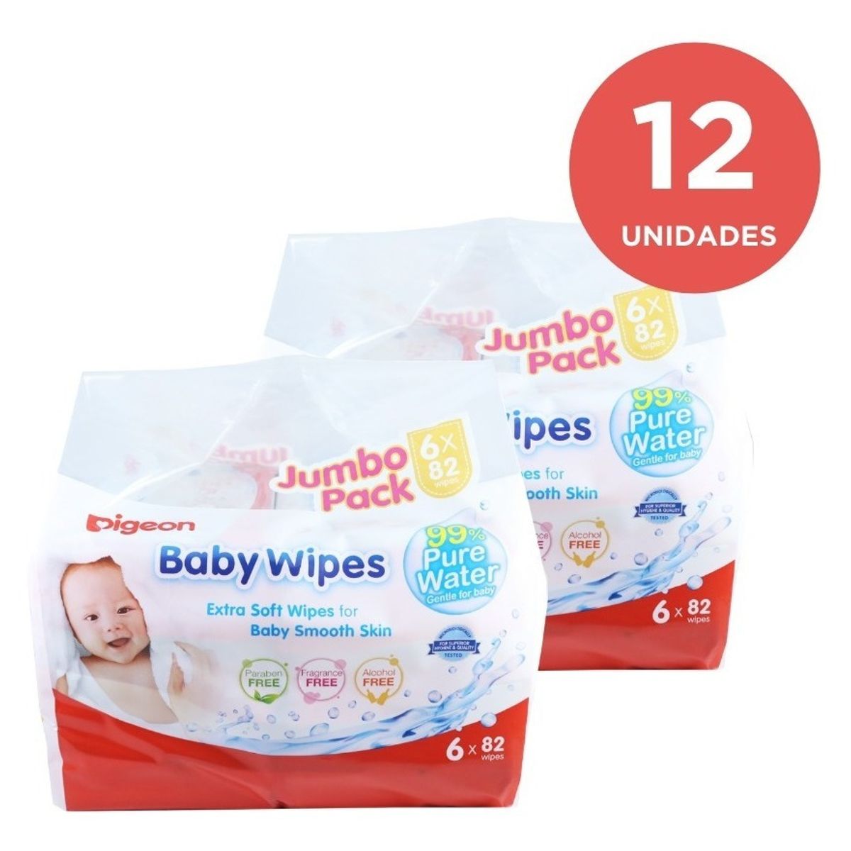 PIGEON - Pack X 12 Toallitas Húmedas 99% Agua Pura 82 Hojas