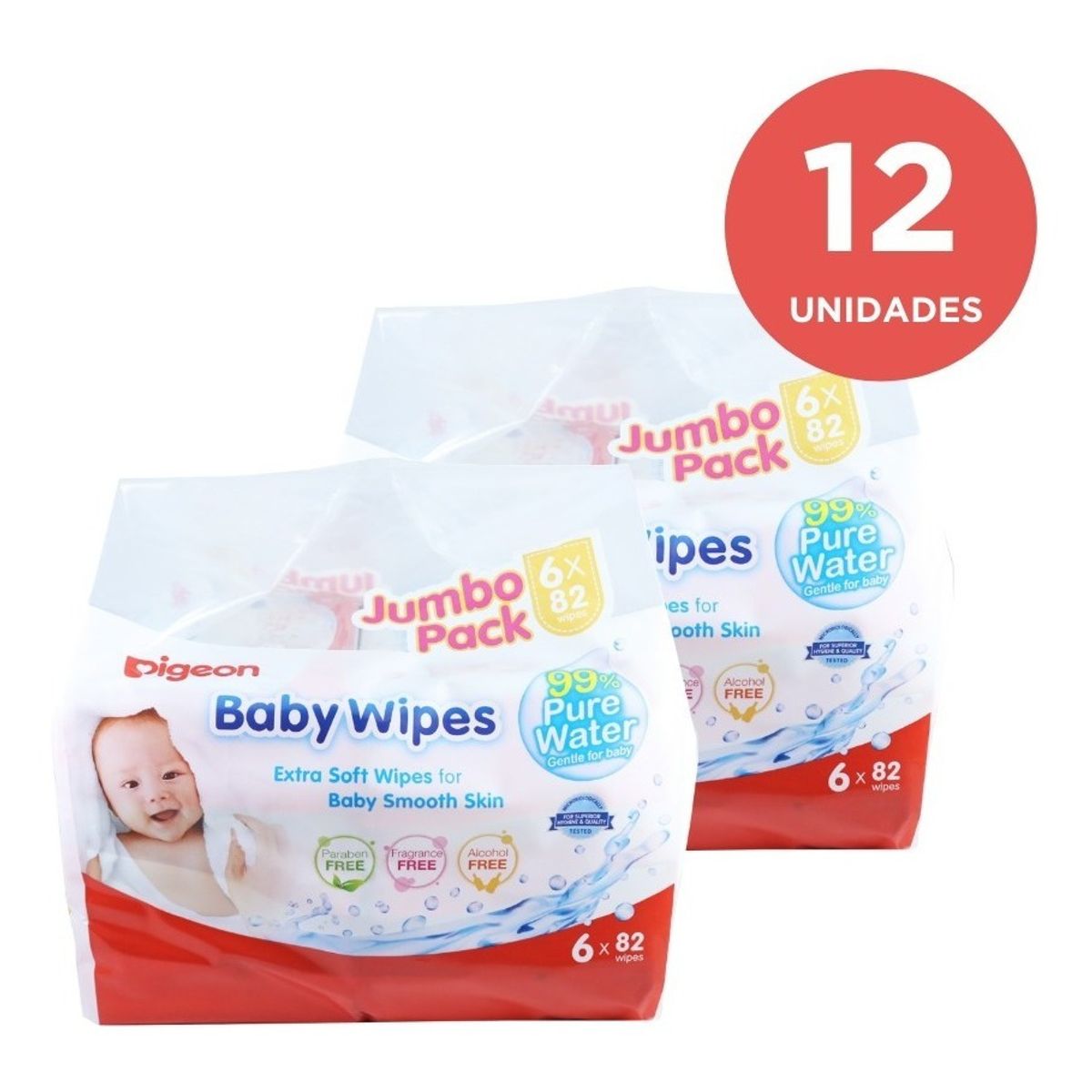 PIGEON - Pack X 12 Toallitas Húmedas 99% Agua Pura 82 Hojas