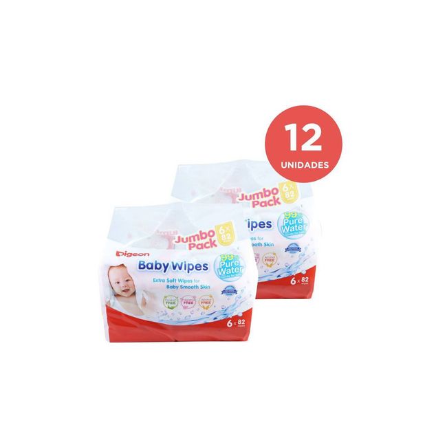 PIGEON - Pack X 12 Toallitas Húmedas 99% Agua Pura 82 Hojas
