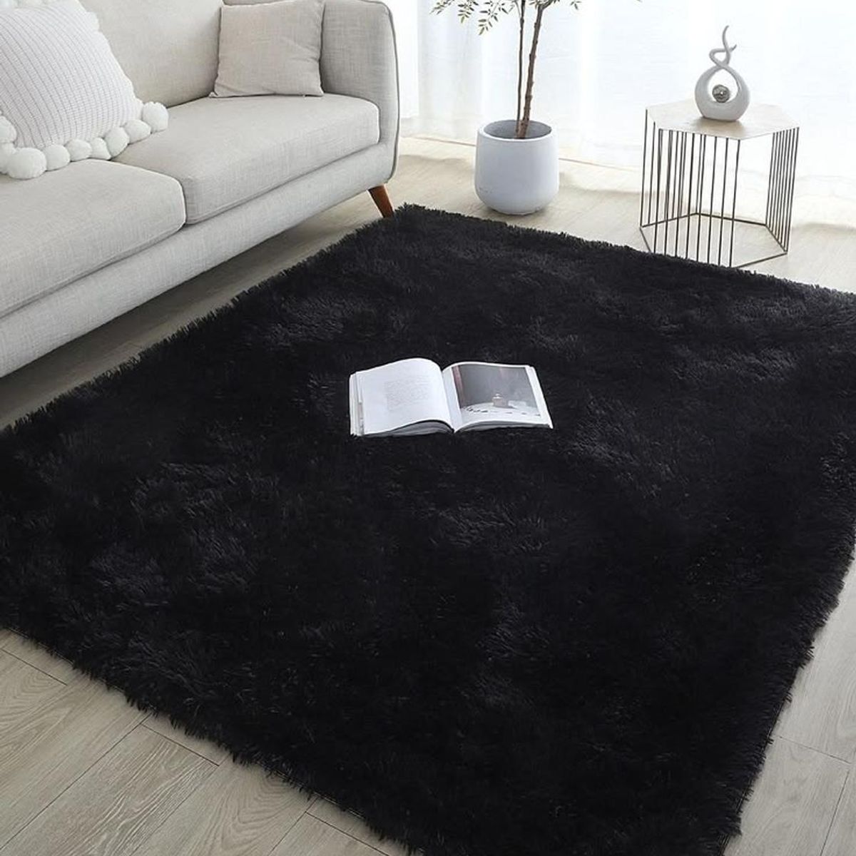 CLEMS CORTINAS - Alfombra Peluda Shaggy Negro 200x220