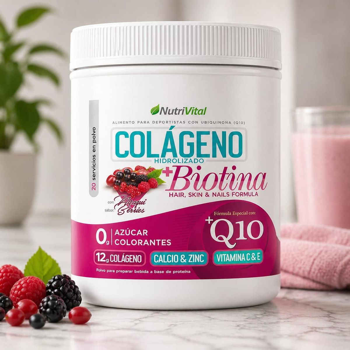 NUTRIVITAL - Colágeno Hidrolizado 12g + Biotina + Coenzima Q10 300 Grs Nutrivital