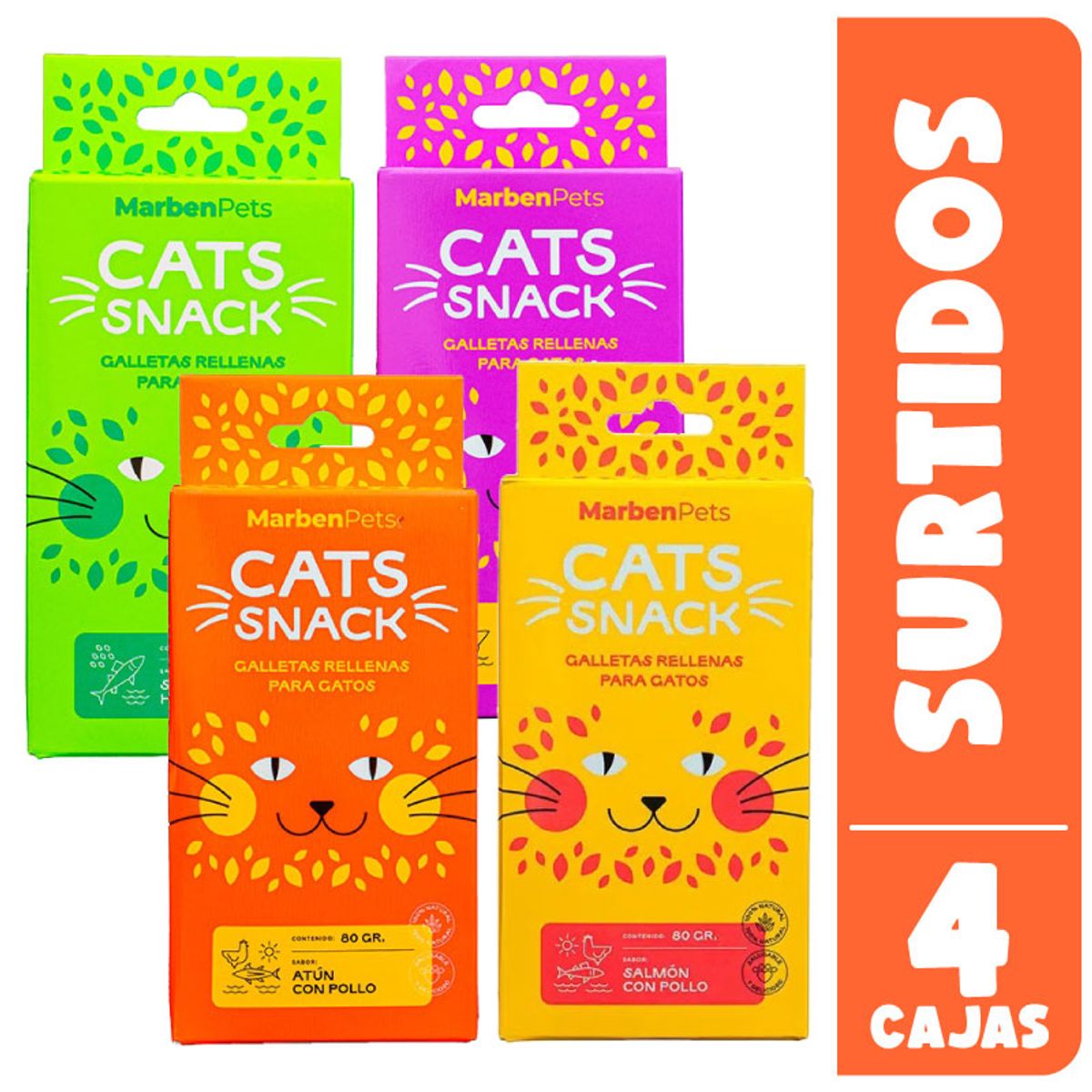 MARBEN PETS - Galletas Cats Snack Rellenas con Catnip Gato, Pack x 4 Cajas