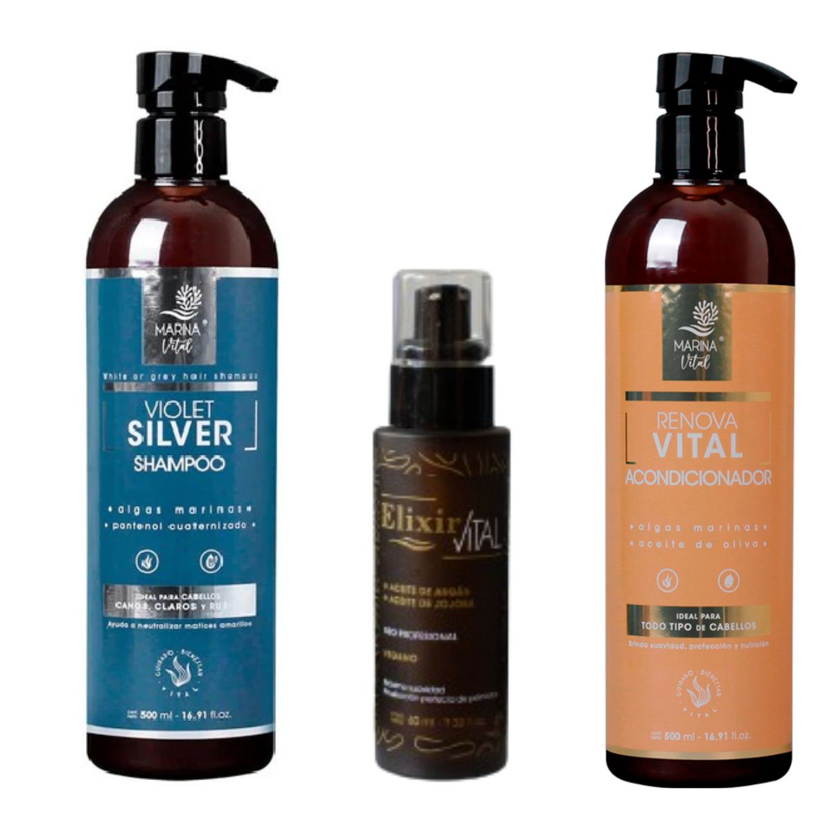 MARINA VITAL - Shampoo Silver Serum Elixir y Acondicionador