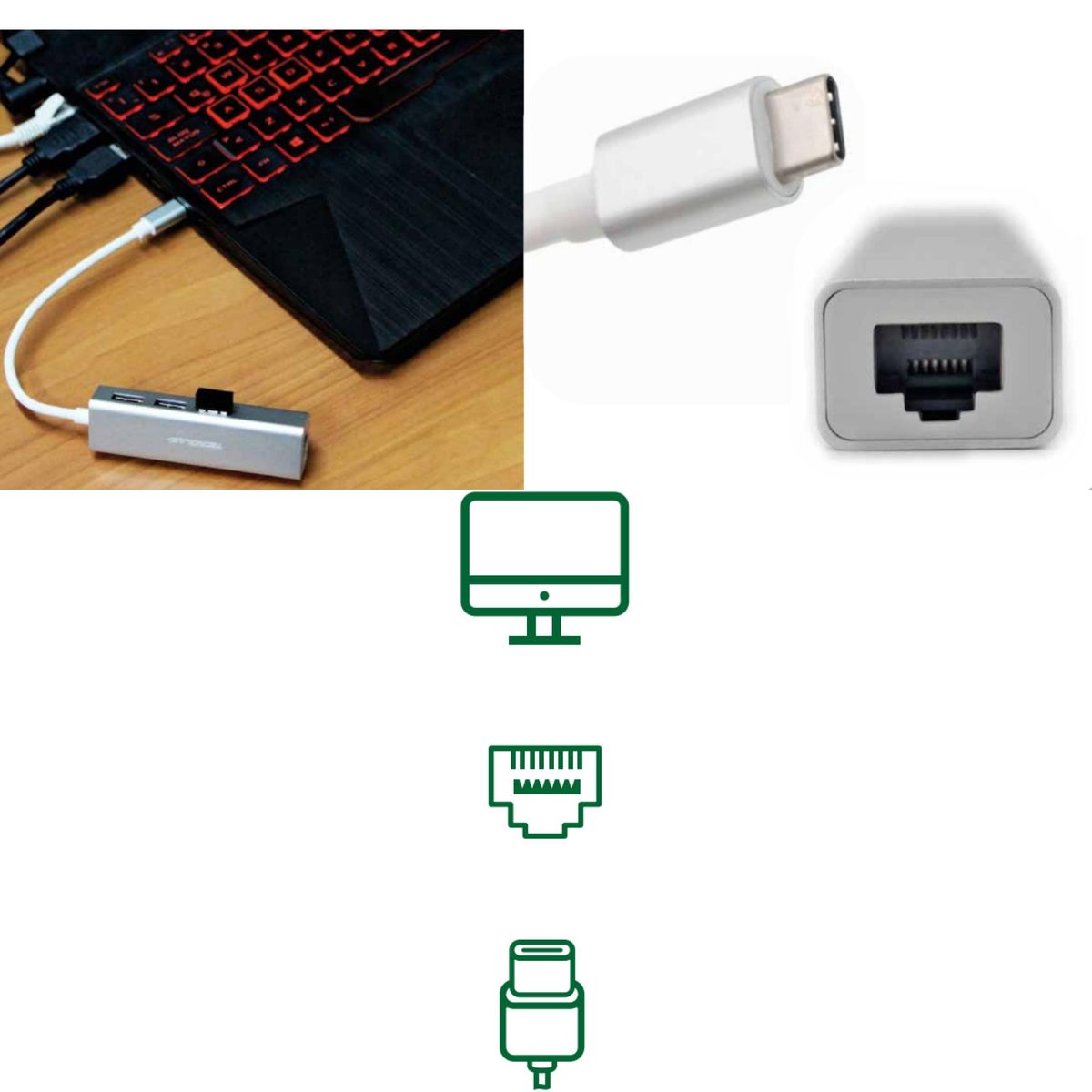 TECNOLAB - HUB USB Tipo C A 3 USB 3.0 Ethernet RJ45 1000Mbps Tecnolab