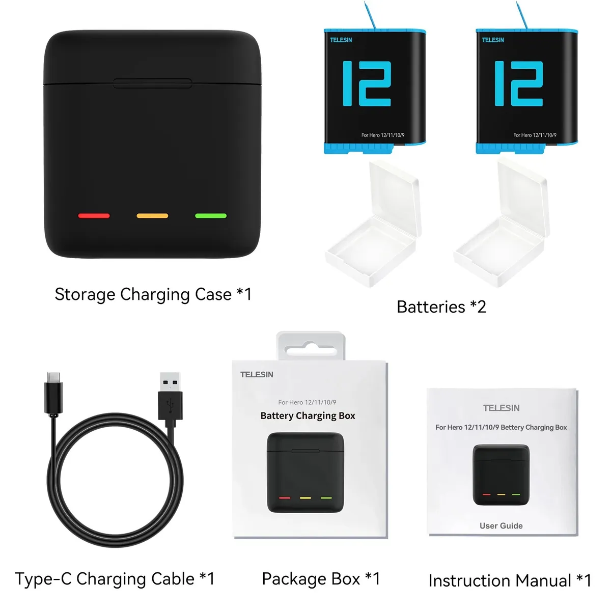 TELESIN - Cargador Cerrado Triple + 2 Baterías Para Gopro 12/11/10/9 Telesin