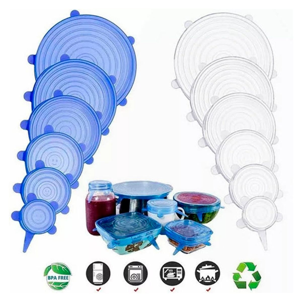 GENERICO - Set 6 Tapas Silicona Extensible Anti Escurrimientos Sellado