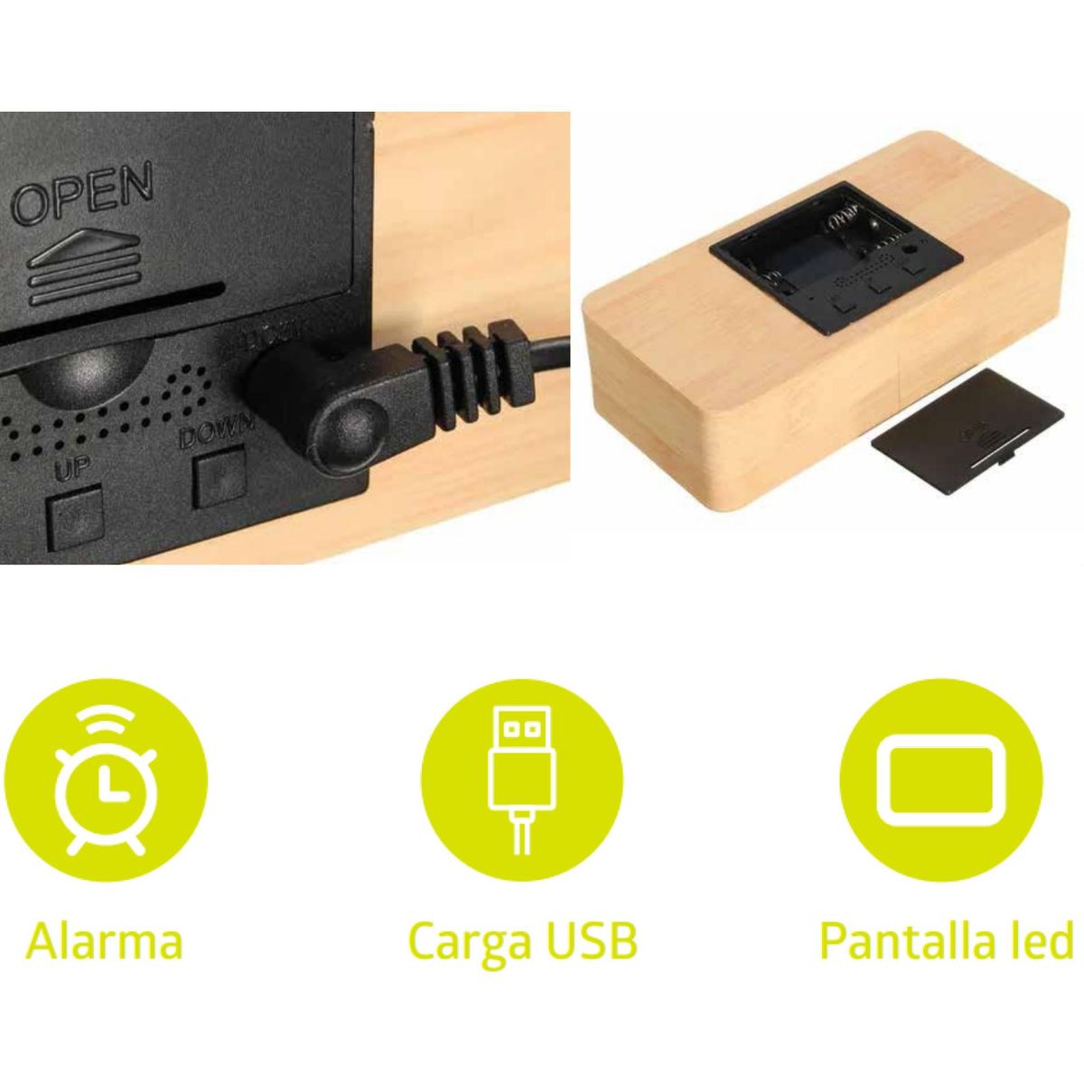 TECNOLAB - Reloj Despertador Digital Madera Luz LED Tecnolab