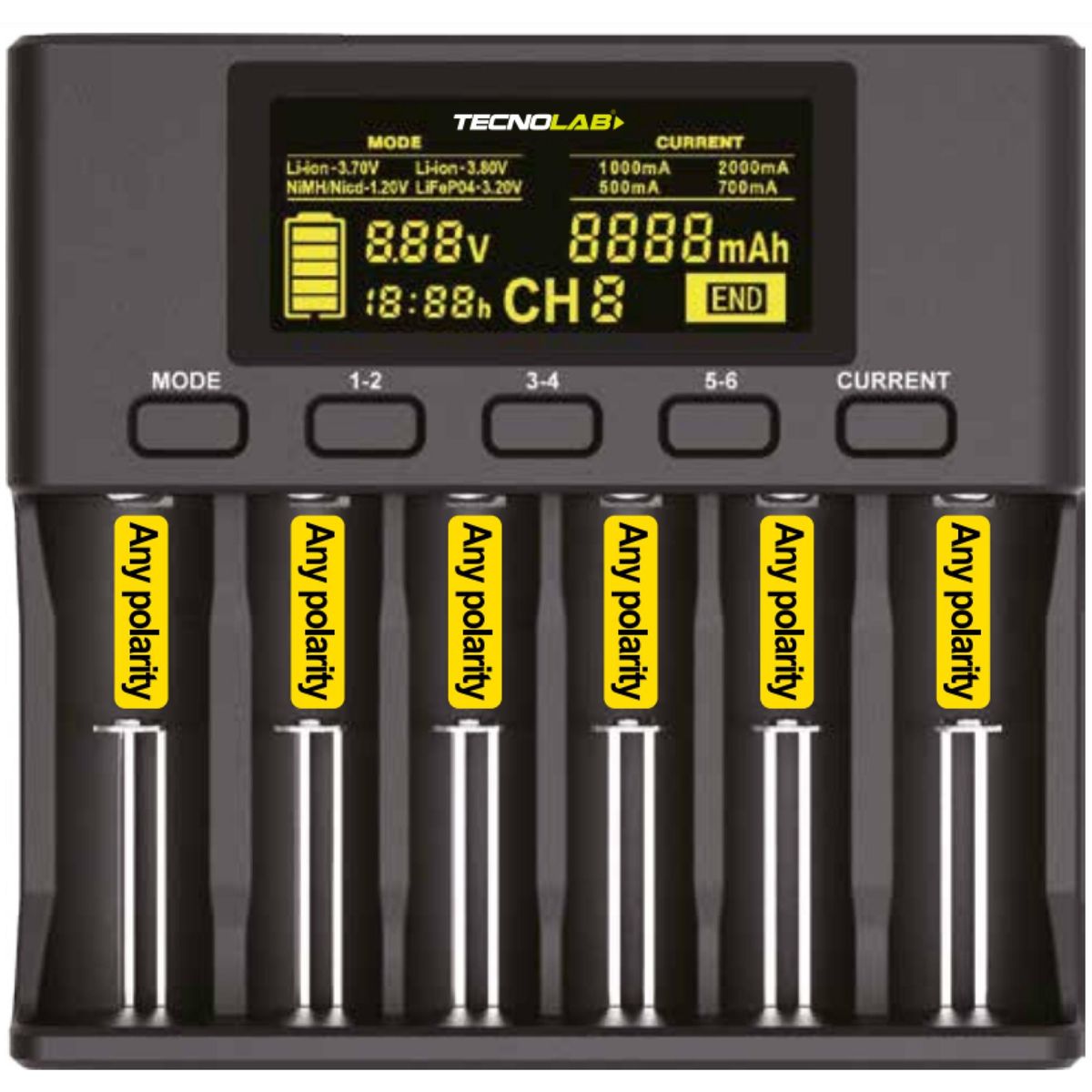 TECNOLAB - Cargador De Pilas Grande Pantalla Digital Negro Tecnolab