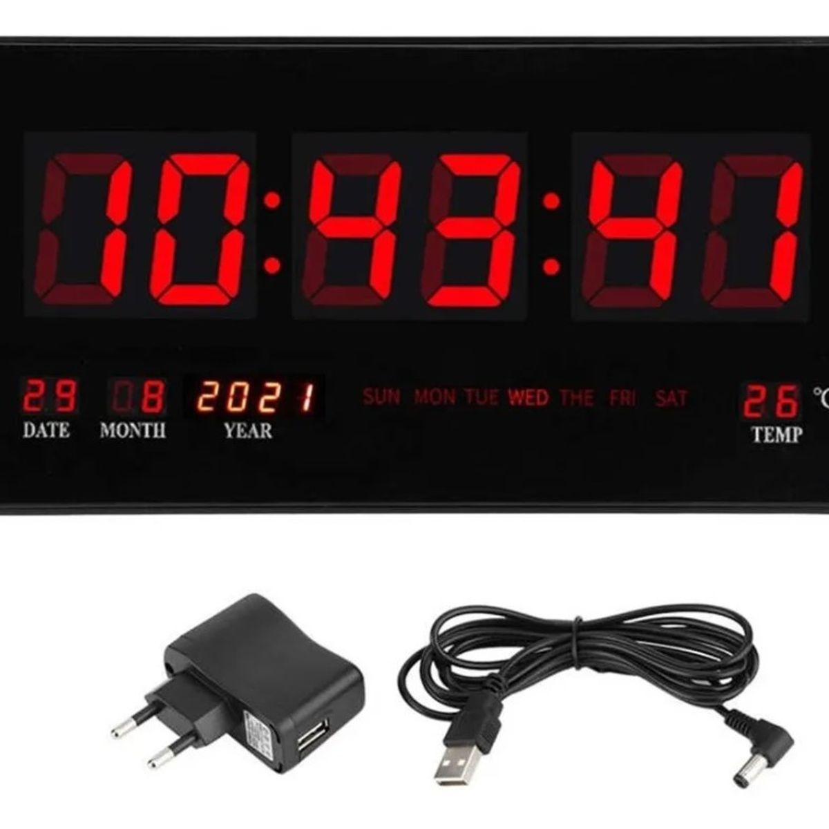 GENERICO - Reloj Digital Pared Luz Led Hora Fecha Temperatura 47x23cm