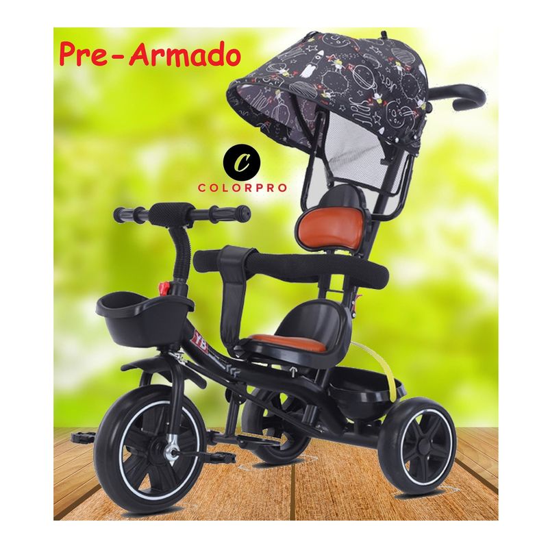 GENERICO - triciclo infantil metálico con techo y guía new negro
