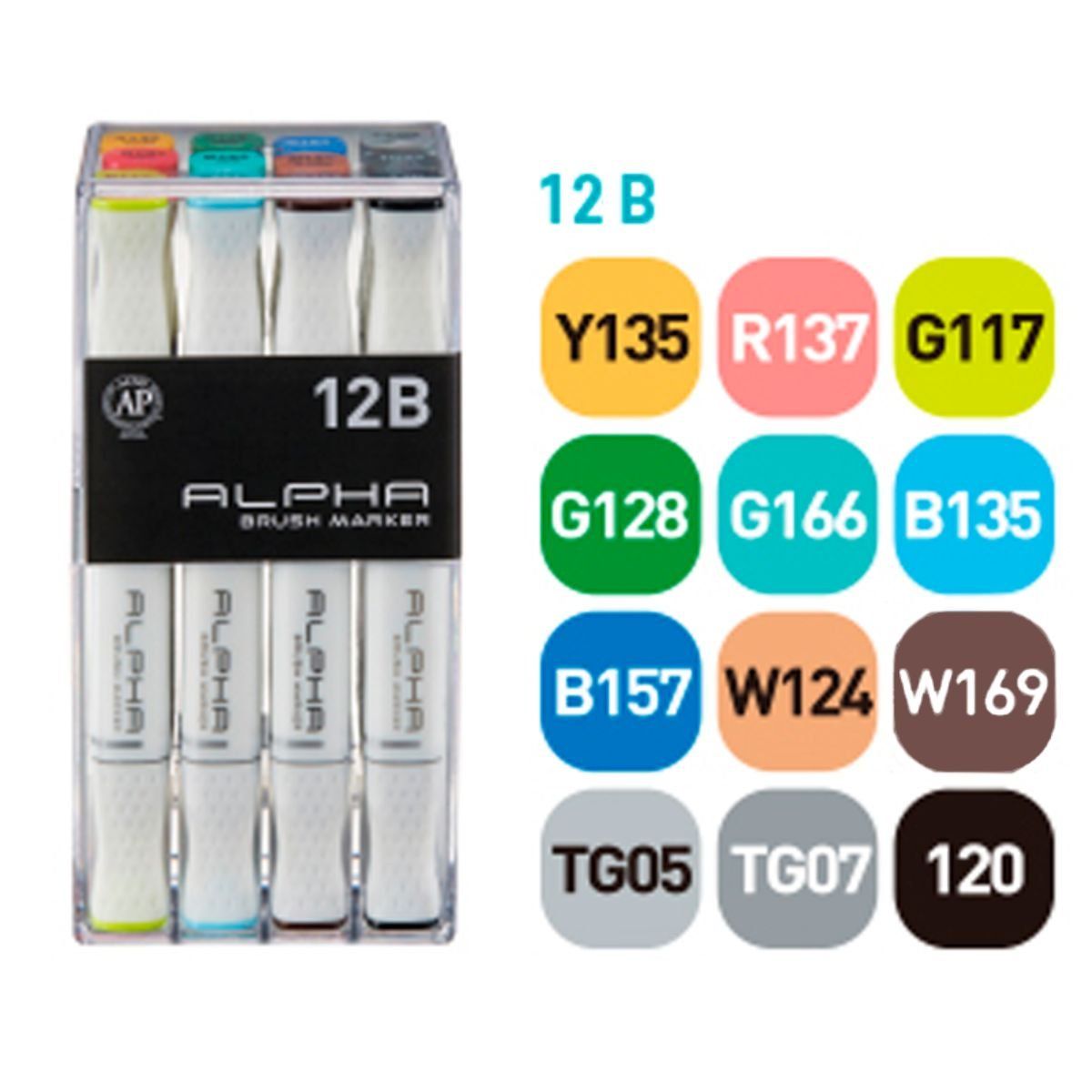 ALPHA DESING - Plumones Punta Pincel Alpha Brush Basicos B Set 12 Colores
