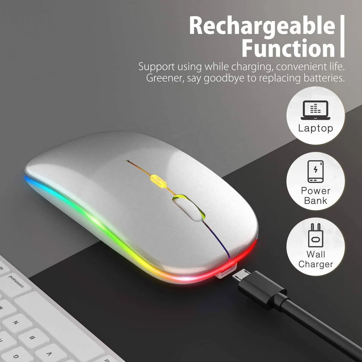 GENERICO - Mouse Silent Inalambrico Recargable Led 2.4 Ghz / 3200 Dpi