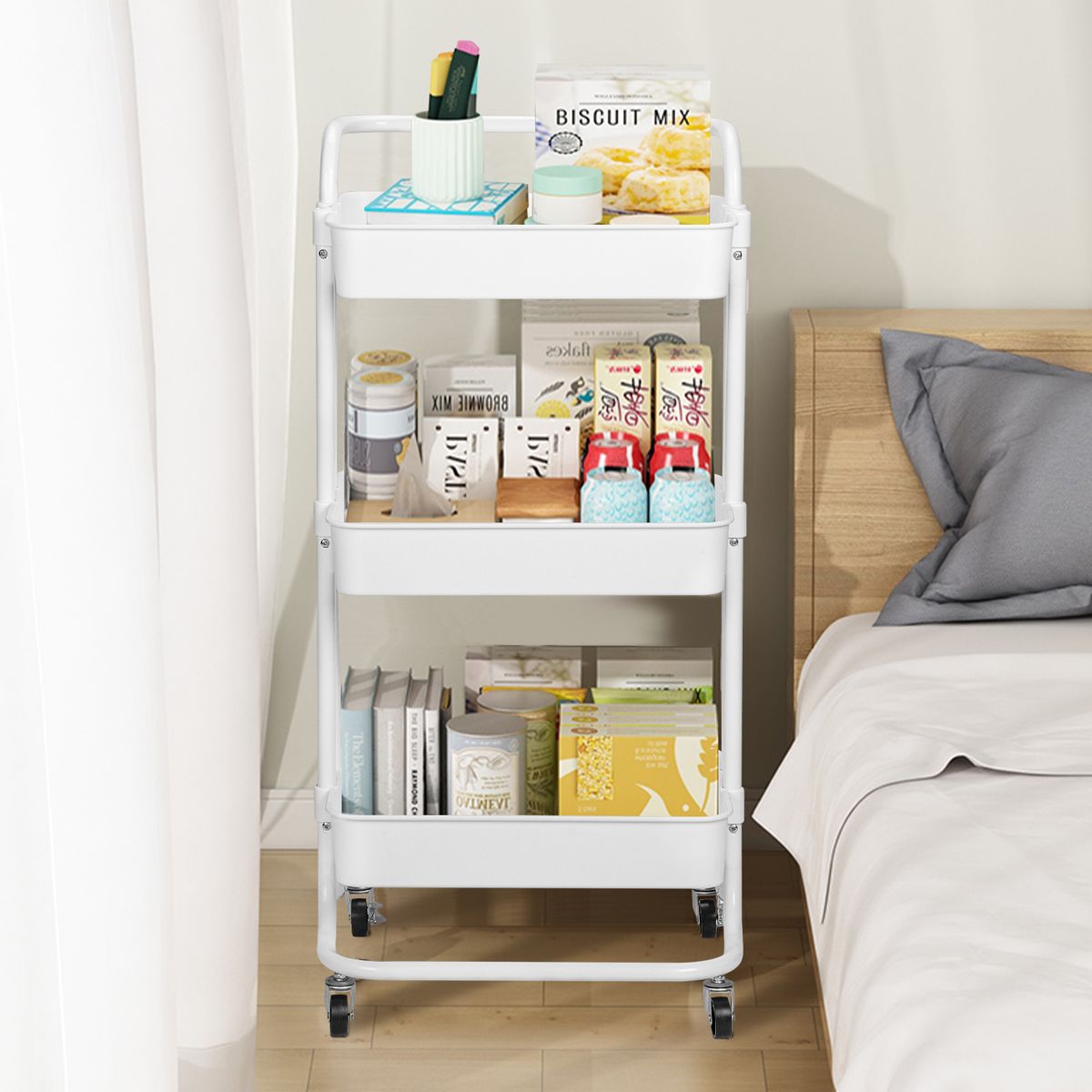 REBONEC - Carro Organizador Estante Carrito De Espacios 3 Niveles Ruedas Blanco