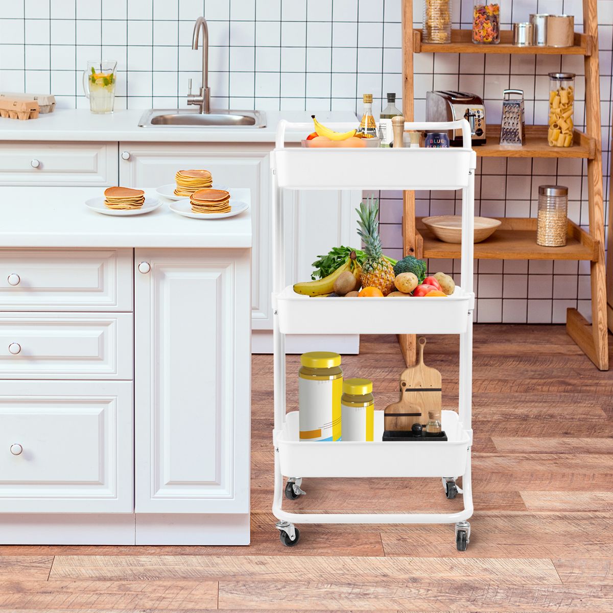 REBONEC - Carro Organizador Estante Carrito De Espacios 3 Niveles Ruedas Blanco