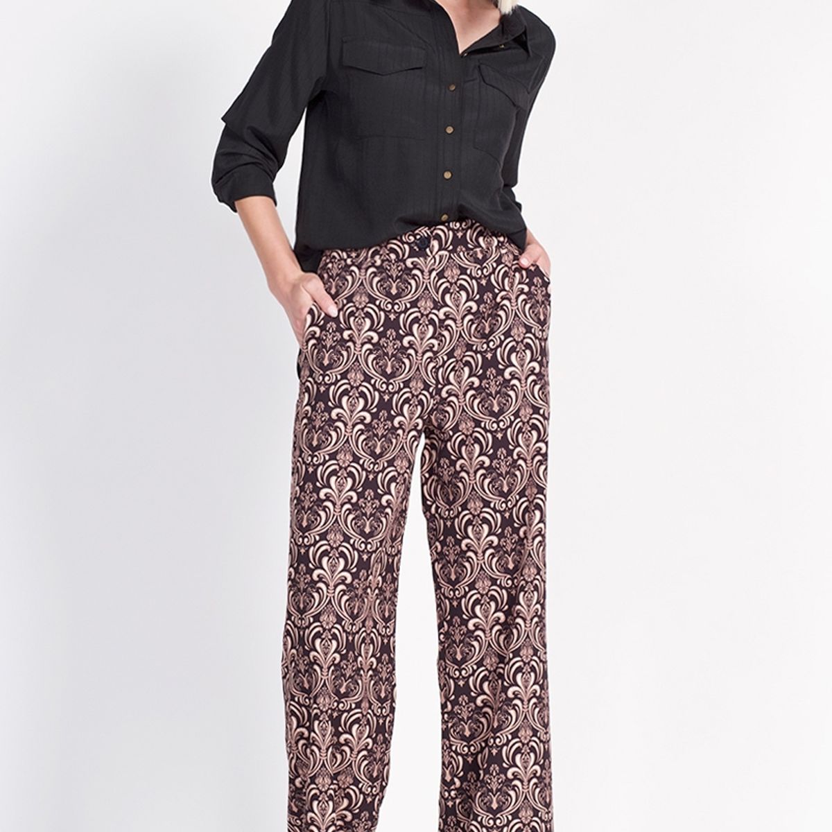 LIOLA - Pantalon Recto Poliéster Estampado Negro Liola