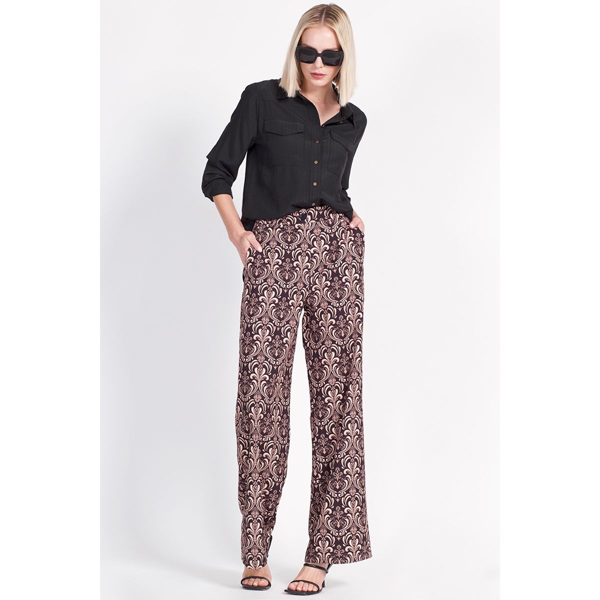 LIOLA - Pantalon Recto Poliéster Estampado Negro Liola