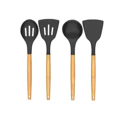 IMPORTCLICK - Set 4 Utensilios de Cocina Silicona Madera Negro