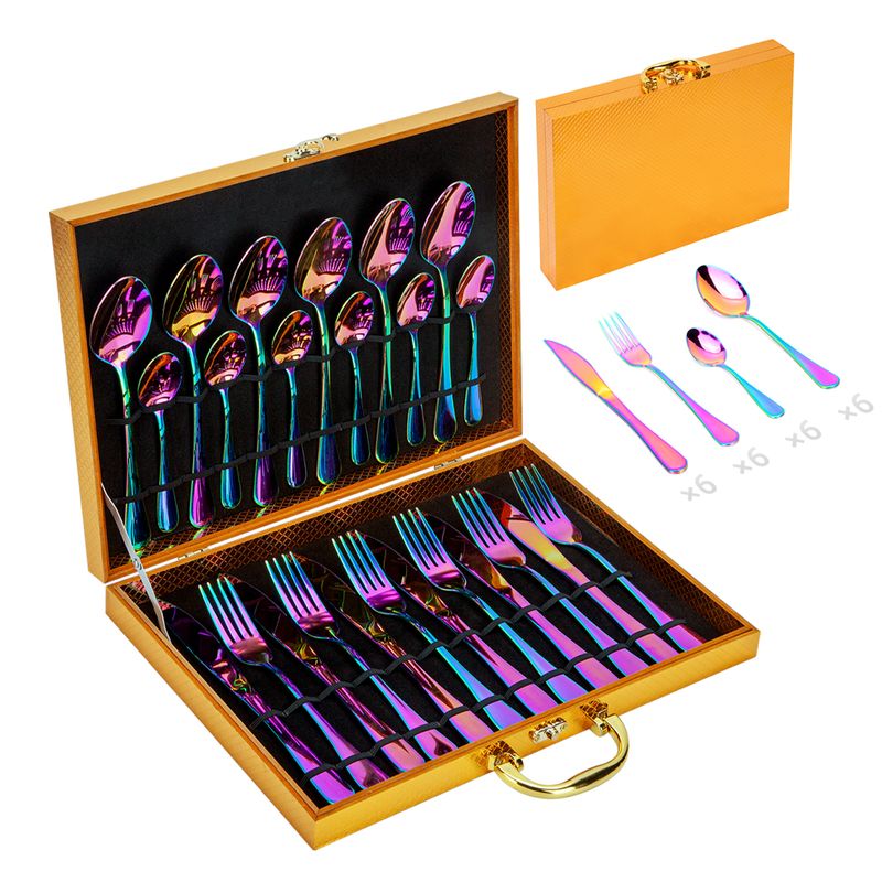CHEFCHOICE - Juego Cuchilleria 24 Piezas Set Cubiertos Tornasol Completo Maletin
