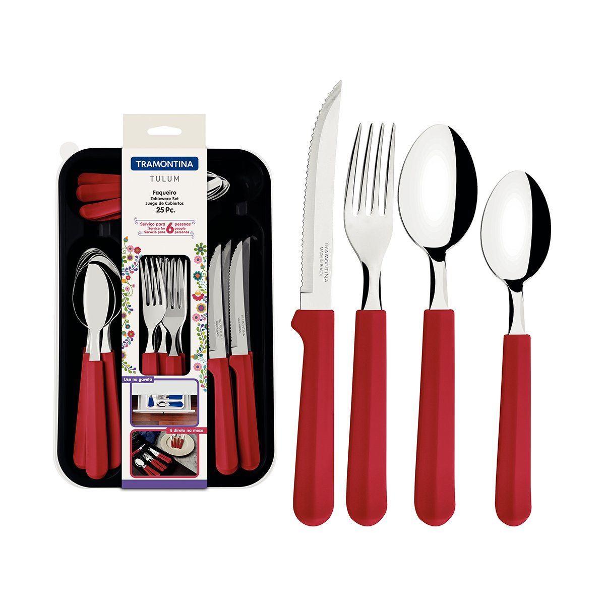 TRAMONTINA - Set 25 Piezas Cubiertos Tramontina Tulum Rojo