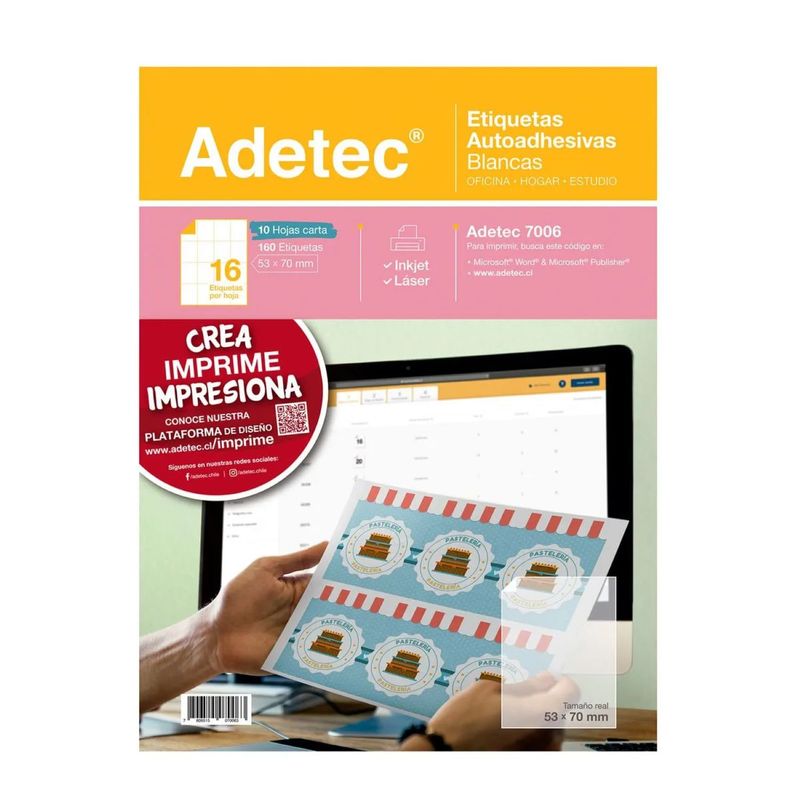 ADETEC - 160 Etiquetas Adhesivas Inkjet/laser 53x70 mm 10 Hojas