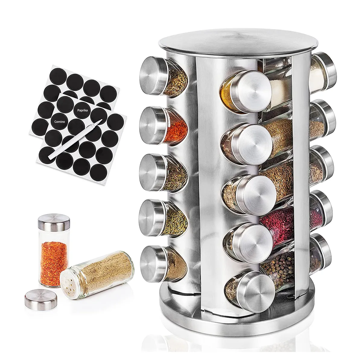 CHEFCHOICE - Condimenteros Especiero Giratorio Para Cocina 20 Frascos Con Etiquetas