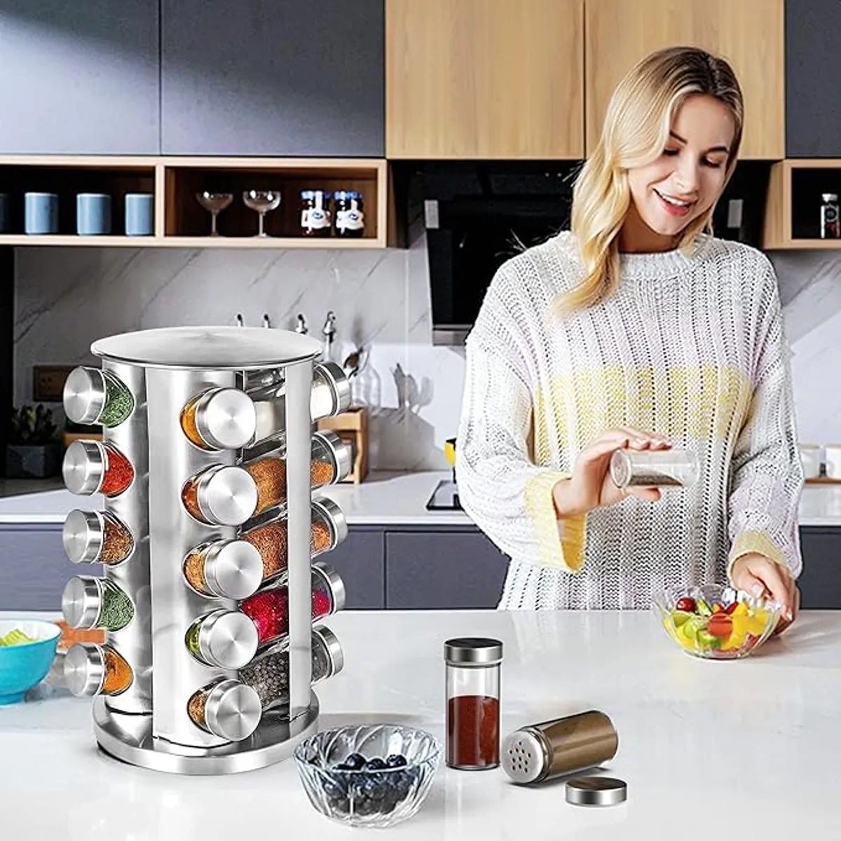 CHEFCHOICE - Condimenteros Especiero Giratorio Para Cocina 20 Frascos Con Etiquetas