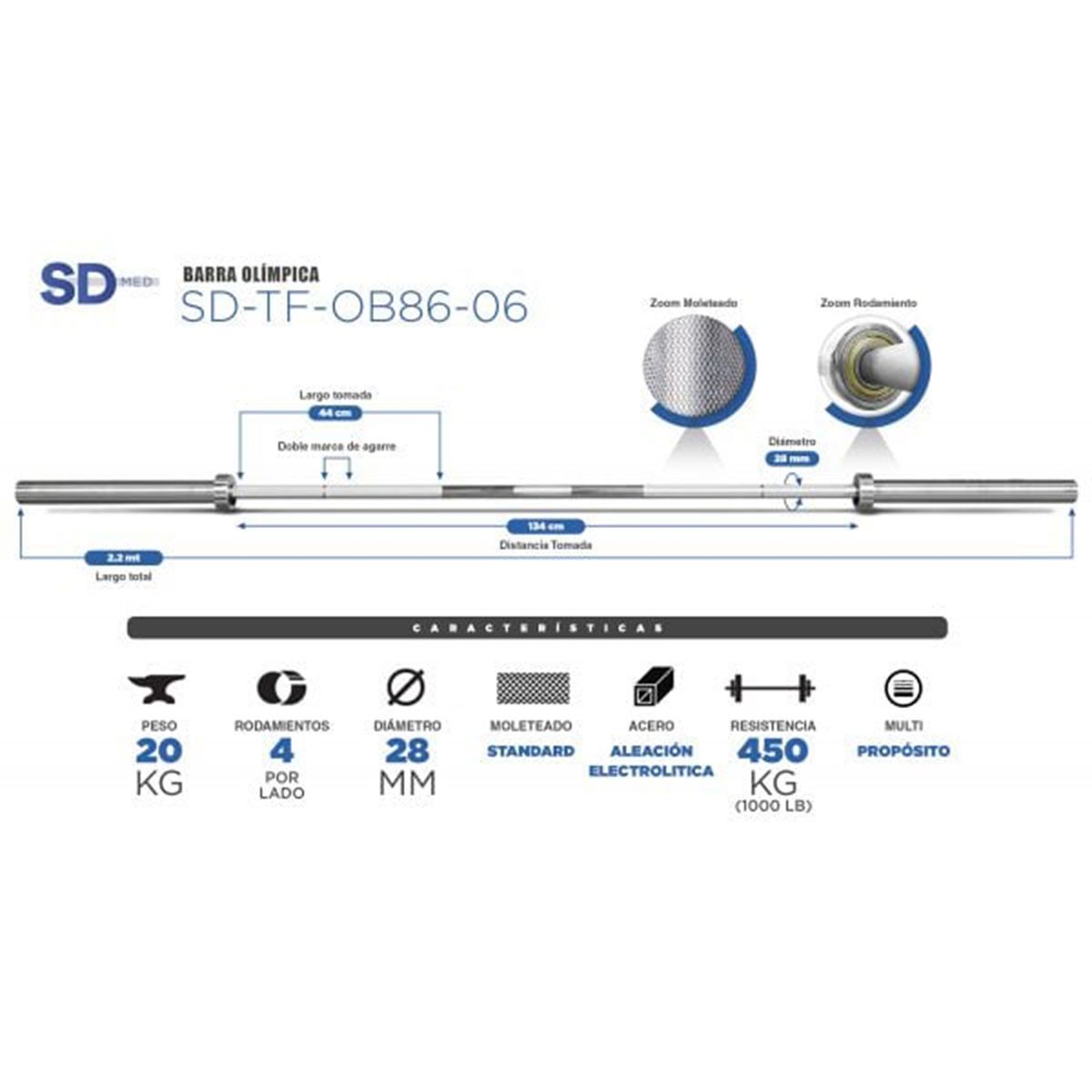 SDFIT - Barra Olímpica 20 KG – Resistencia 1000 LB – SD-TF-OB86-06