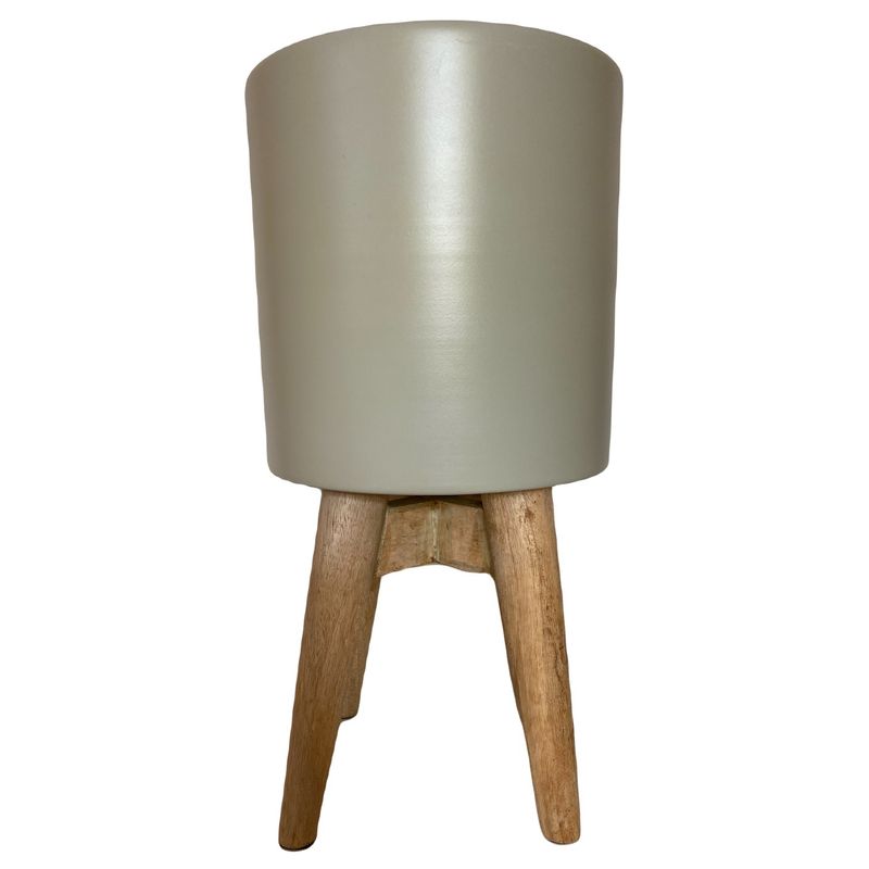 DECOGREEN - MACETERO METÁLICO BLANCO CON PEDESTAL DE MADERA