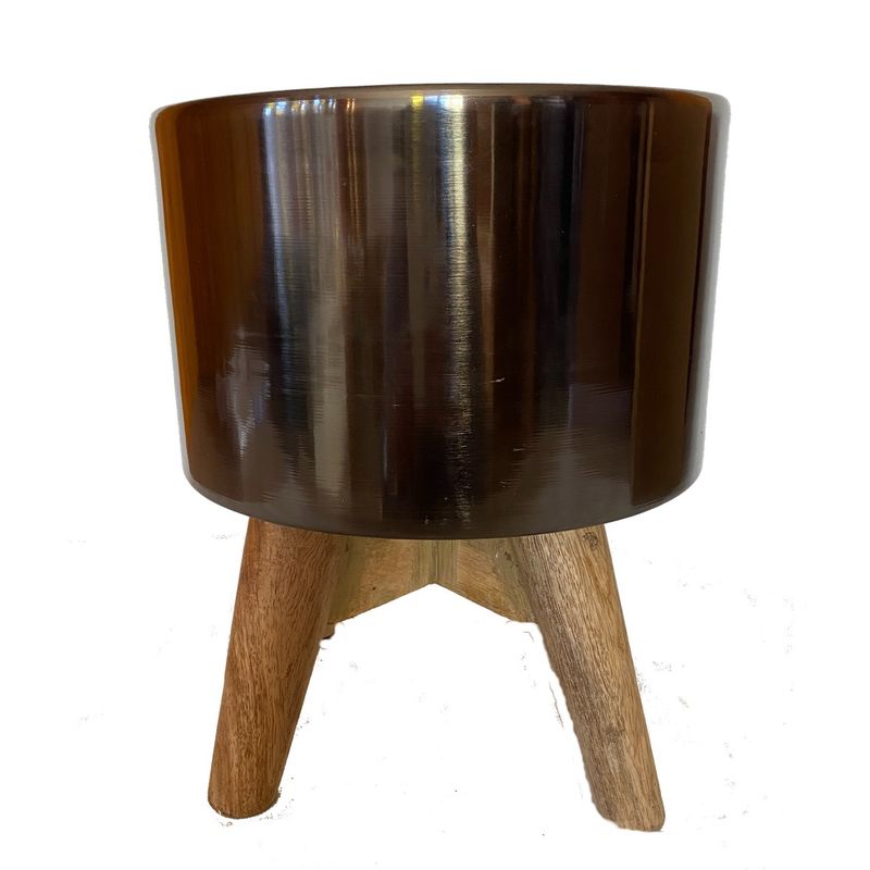 DECOGREEN - MACETERO METÁLICO GRAFITO CON PEDESTAL DE MADERA