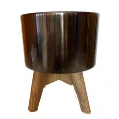 DECOGREEN - MACETERO METÁLICO GRAFITO CON PEDESTAL DE MADERA