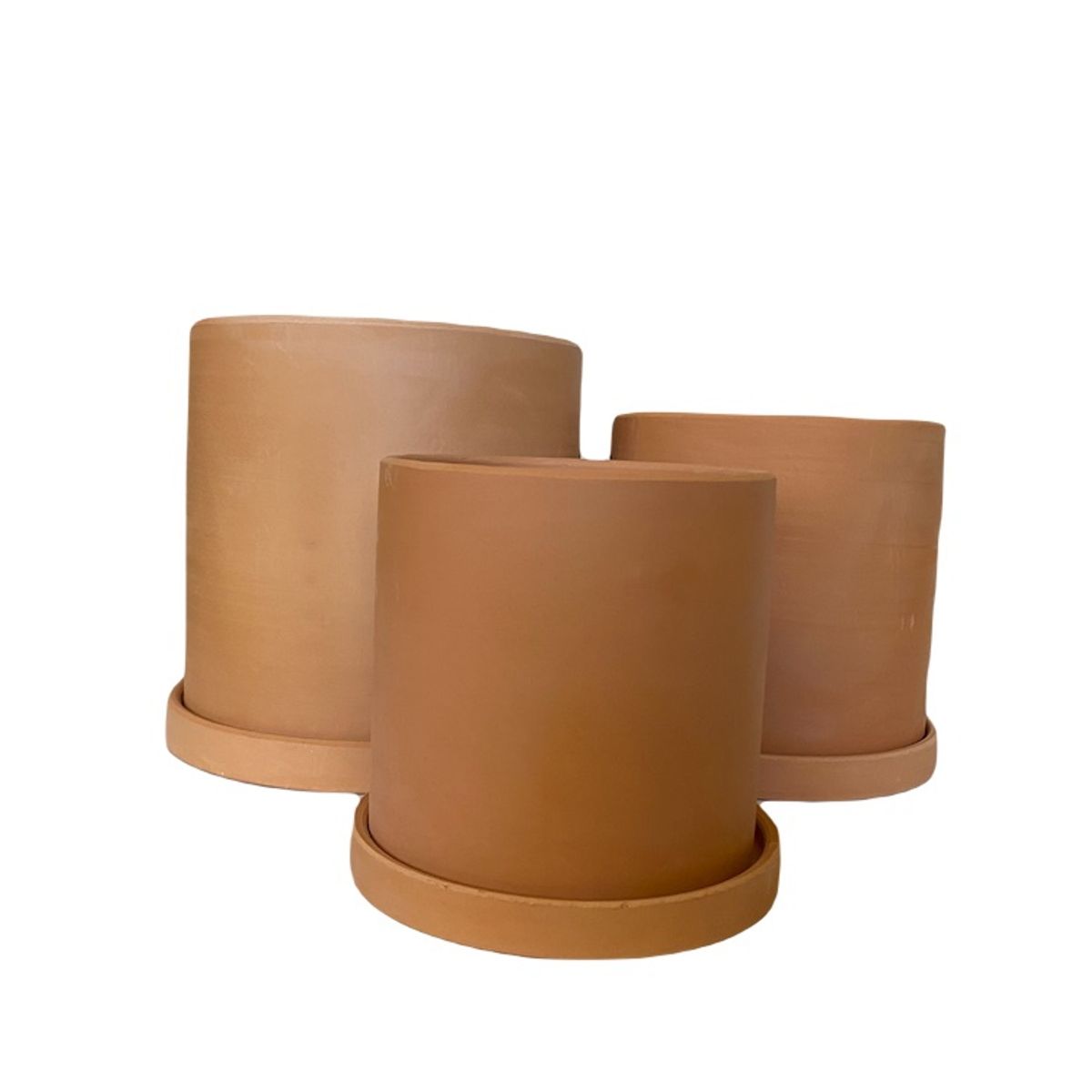 DECOGREEN - SET 3 MACETEROS Y PLATOS TERRACOTA CILINDRO S+M+L.