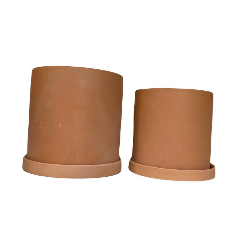 DECOGREEN - SET 2 MACETEROS Y PLATO TERRACOTA CILINDRO M+L