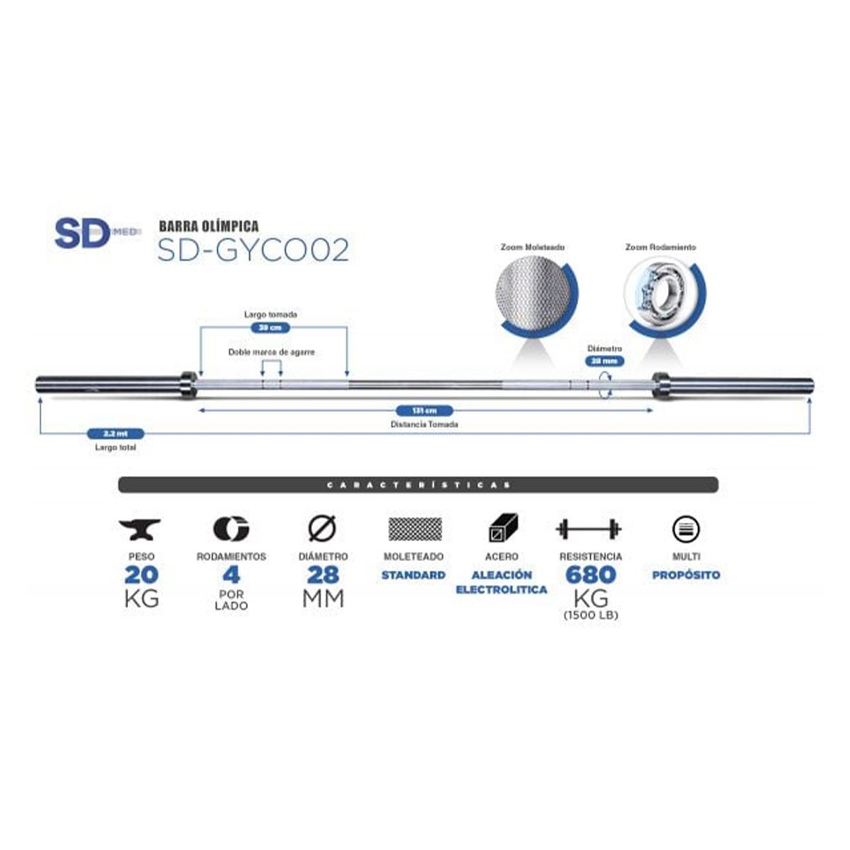 SDFIT - Barra Olímpica 20 KG – Resistencia 1500 LB