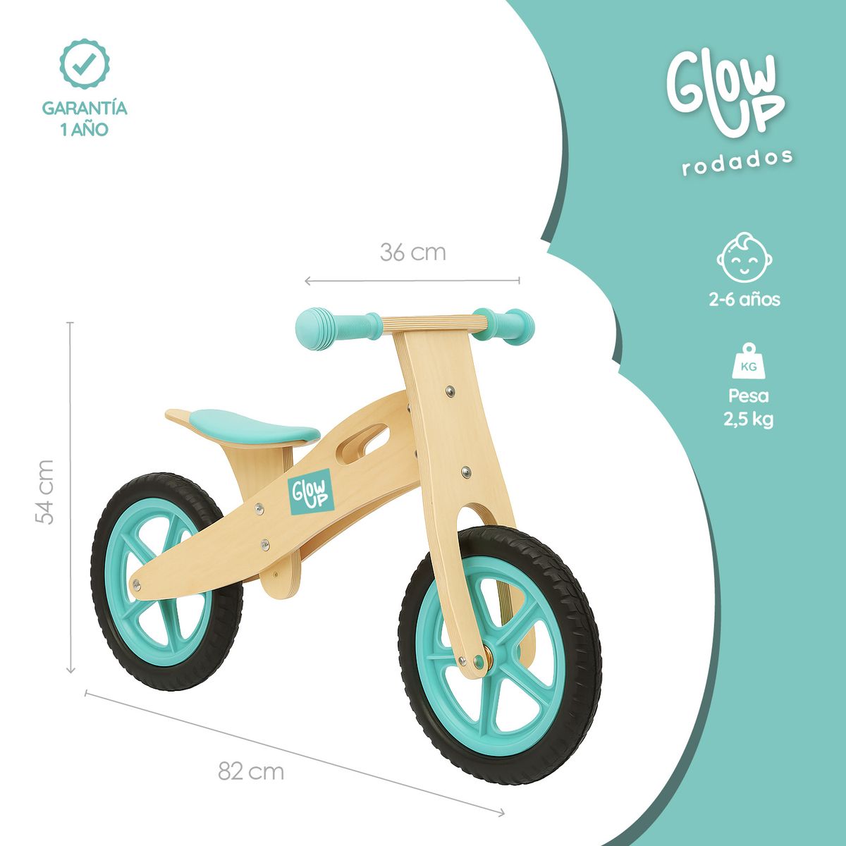 GLOWUP - Bicicleta infantil aprendizaje de madera Celeste 2 a 6 años