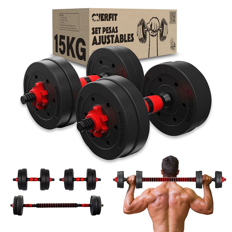 OVERFIT - Set Mancuernas Y Barra Unibles 15kg Fitness Pesas Ajustables