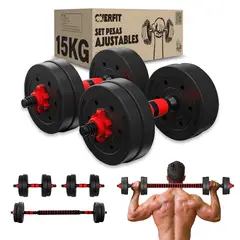 OVERFIT - Set Mancuernas Y Barra Unibles 15kg Fitness Pesas Ajustables