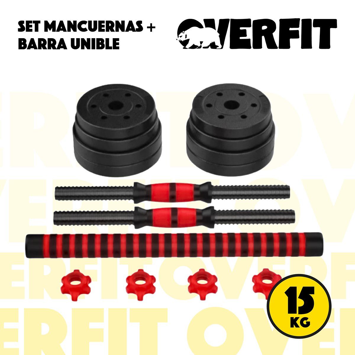 OVERFIT - Set Mancuernas Y Barra Unibles 15kg Fitness Pesas Ajustables