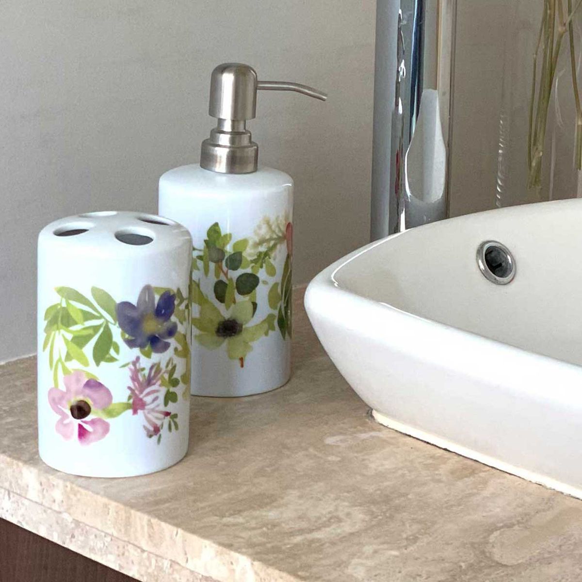 PAPER HOME - Set de baño Cerámica diseño flores 2 piezas Paper-Home