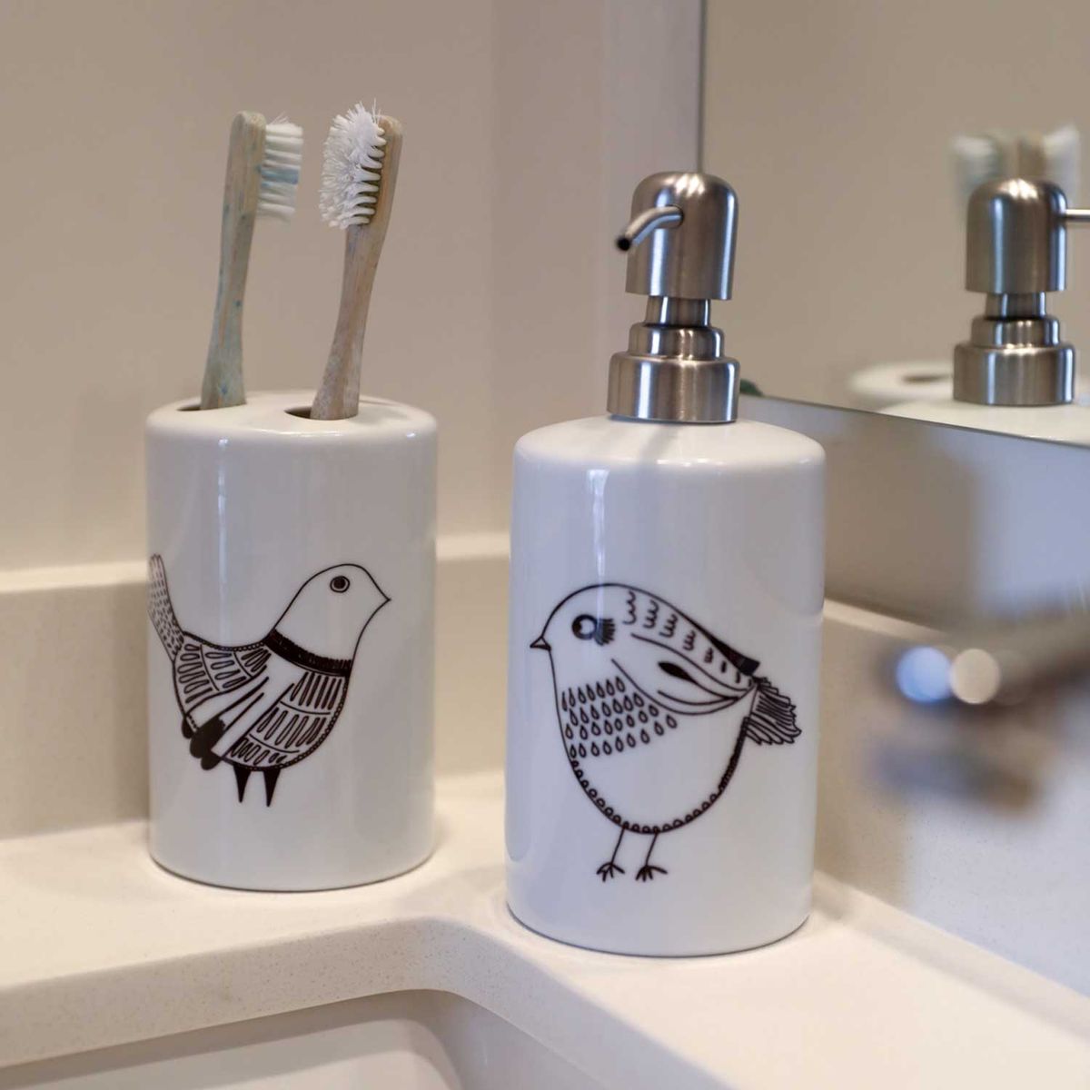 PAPER HOME - Set de baño Cerámica diseño pájaros negros 2 piezas Paper-Home