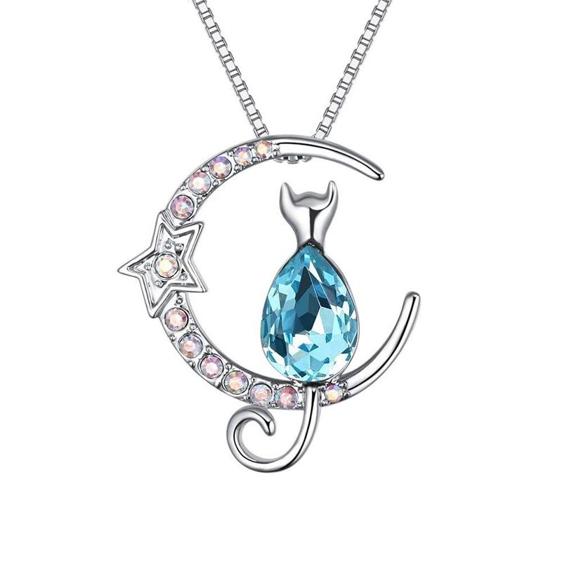 GENERICO - Collar Gatito Luna Swarovski Plata 925 Regalo Mujer Gato
