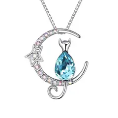 GENERICO - Collar Gatito Luna Swarovski Plata 925 Regalo Mujer Gato