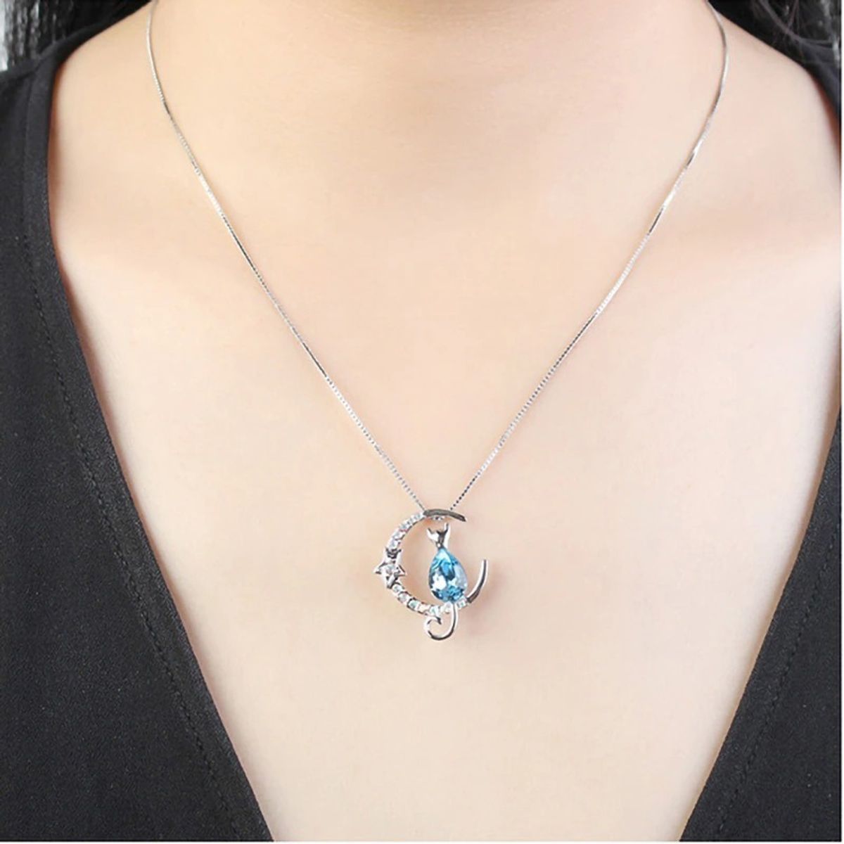 ELEGA - Collar Gatito Luna Swarovski Plata 925 Regalo Mujer Gato