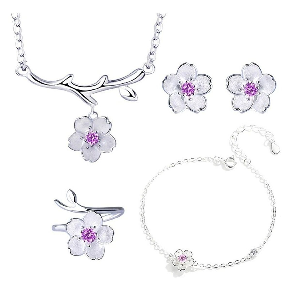 GENERICO - Conjunto Flores Púrpura Plata 925 Collar Aros Pulsera Anillo Lila