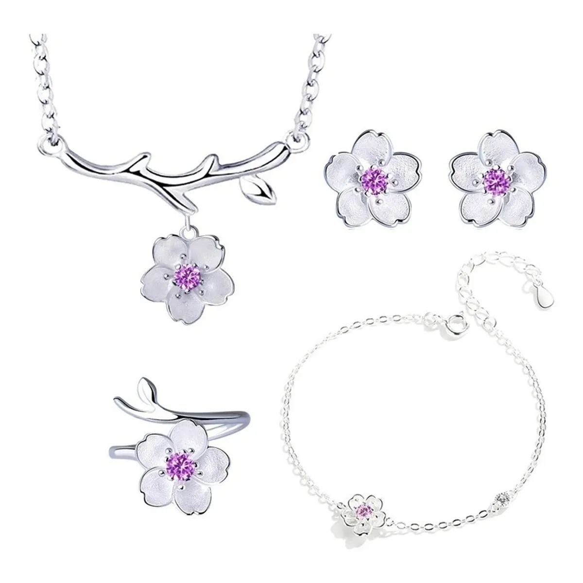 GENERICO - Conjunto Flores Púrpura Plata 925 Collar Aros Pulsera Anillo Lila