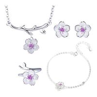 Conjunto Flores Púrpura Plata 925 Collar Aros Pulsera Anillo Lila